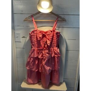 English Factory Pink Smocked Tiered Ruffle Mini Dress Small Women Sleeveless Bow